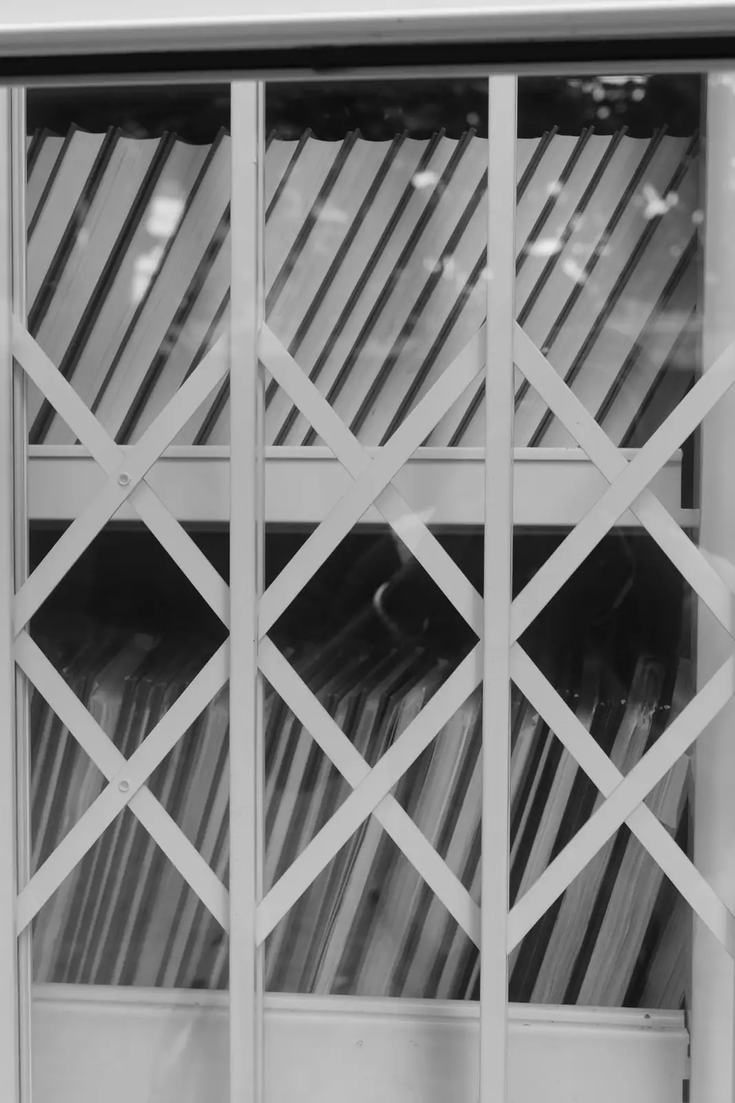 A latticed security grille across a shop window, closed to the street